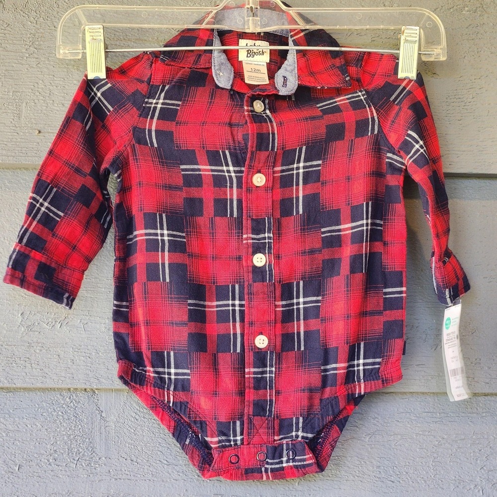 Baby B'gosh Romper Boys 12 Months Red Plaid Flannel Long Sleeve Bodysuit NWT